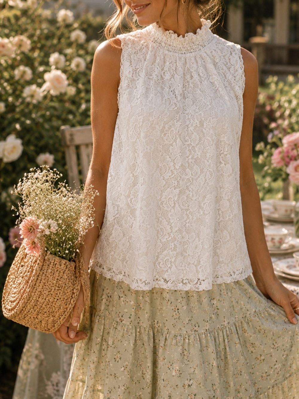 Cable & Gauge Lace Mock Neck Sleeveless Top Size M – Romantic Cottagecore Blouse